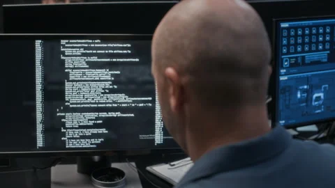 Bald Programmer Coding at Computer in Office at Night Stock Footage 324049080