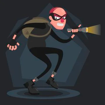 Bald thief sneaks with a flashlight 库存插图