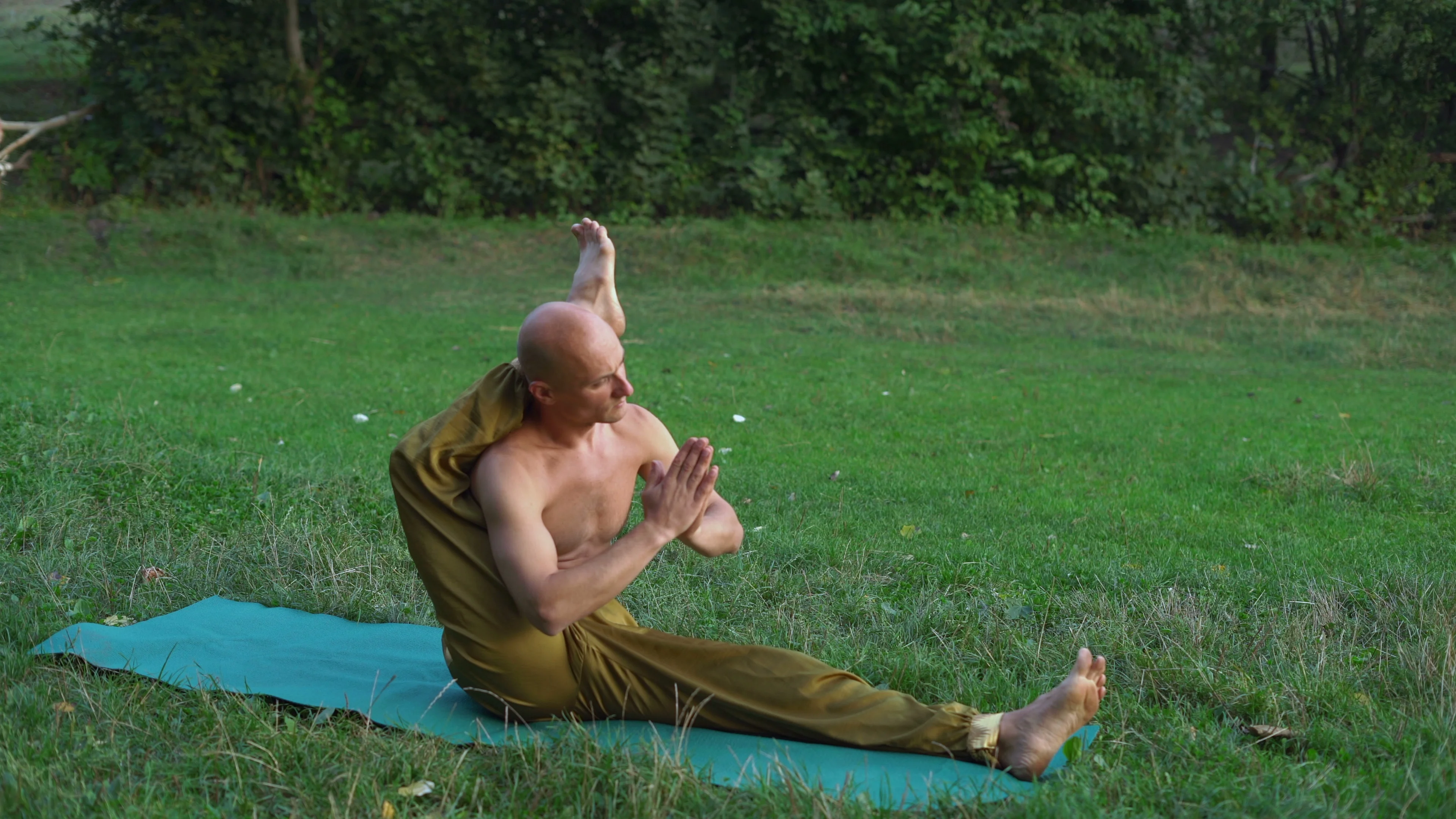 Bald Yogi with Naked Torso Practicing As... | Stock Video | Pond5