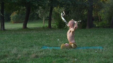 Bald Young Man Practicing Yoga Asanas, Performing Exercises on a Glade in the Stock Footage 85806981
