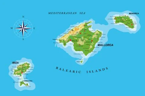Balearic islands physical map Stock Illustration