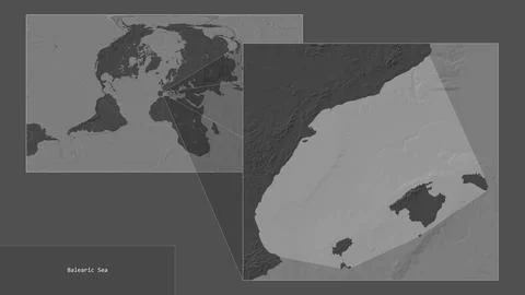 Balearic Sea. Location. Bilevel map Illustrazione stock