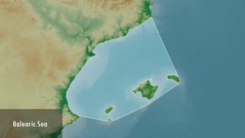 Balearic Sea. Physical map. Patterson Cylindrical. Close-up Stock Footage 299228527