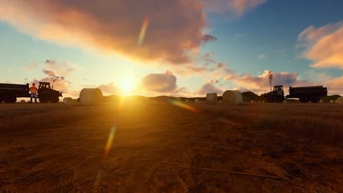 Bales of hay and tractor working at sunset Video stock 87972036