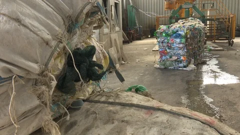 Bales of waste plastic bottles ready for recycling. Compressed plastic. Stock Footage 122000174