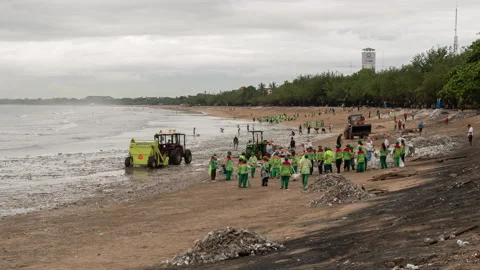 Bali Indonesia Tons of Trash, Garbage, Plastic Waste Cleanup Beach Time Lapse Stock Footage 146002360