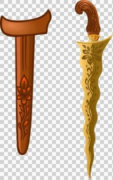 Bali Kris Dagger Vector with Stylized Gold Blade and Ornamental Sheath Detail Stock Illustration
