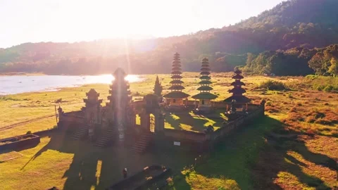Bali temple on background scenery volcanic lake Bali, Indonesia 4K Stock Footage 297280951