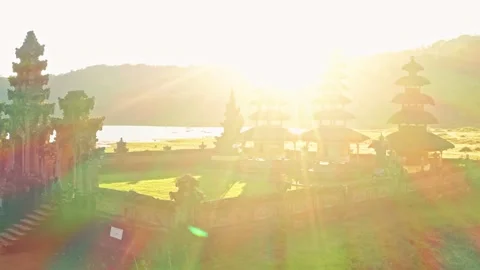 Bali temple on background scenery volcanic lake Bali, Indonesia 4K Stock Footage 300885091