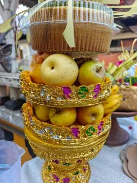 Balinese Hindu Gebogan Fruit Offering for Temple Ceremony Stock Photos