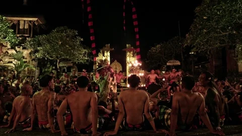 Balinese men performing kecak fire dance ritual Stockbeeldmateriaal 340846950