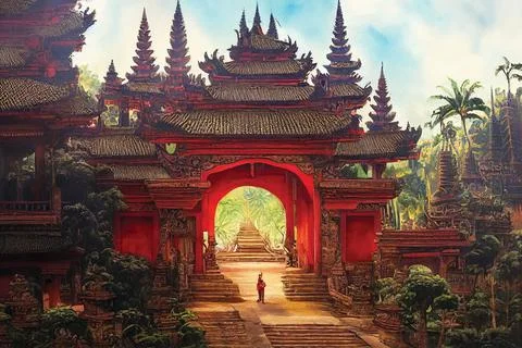 Balinese temple entrance, beautiful landscape, red wall, digital art Stock Illustration