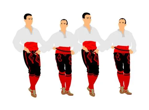 Balkan dancers vector. Folk dance kolo, traditional folklore group Stock Illustration