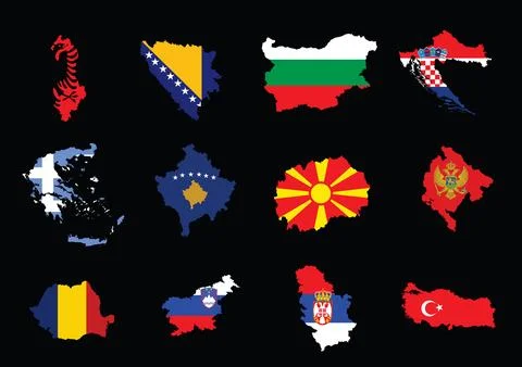 Balkan territory states map flags vector silhouette illustration isolated. Иллюстрация