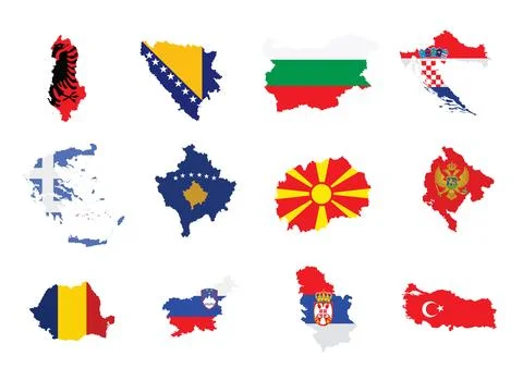 Balkan territory states map flags vector silhouette illustration isolated. Stock Illustration