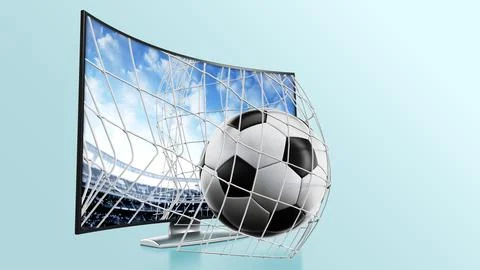 Ball and net going out of 3D curved TV with OLED screen. 3D illustration Stock Illustration