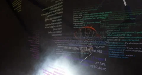 Ball appearing, player jumping and dunking, sports tech code wrapping hoop and Stock Footage 331712705