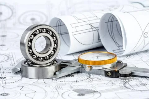 Ball bearings on technical drawing Foto stock