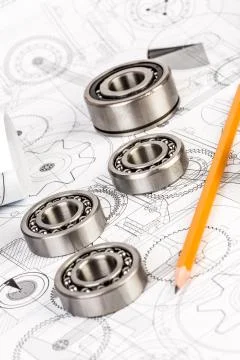 Ball bearings on technical drawing Foto stock