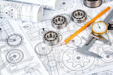 Ball bearings on technical drawing Stock Photos