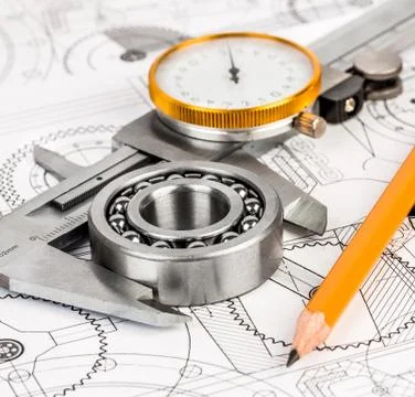 Ball bearings on technical drawing Foto stock