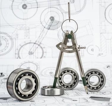 Ball bearings on technical drawing Foto stock