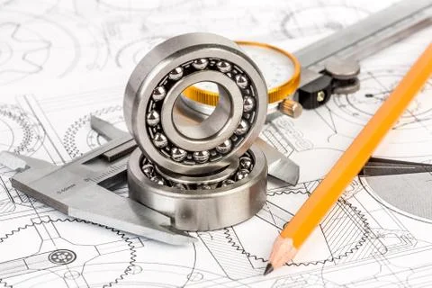 Ball bearings on technical drawing Foto stock