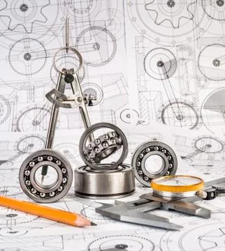 Ball bearings on technical drawing Foto stock