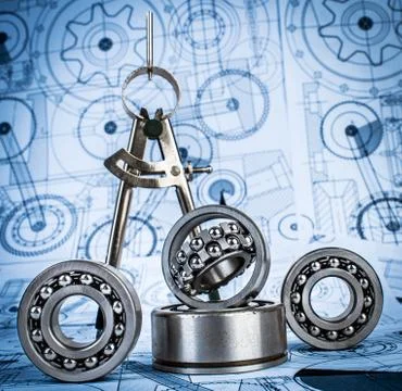 Ball bearings on technical drawing Foto stock