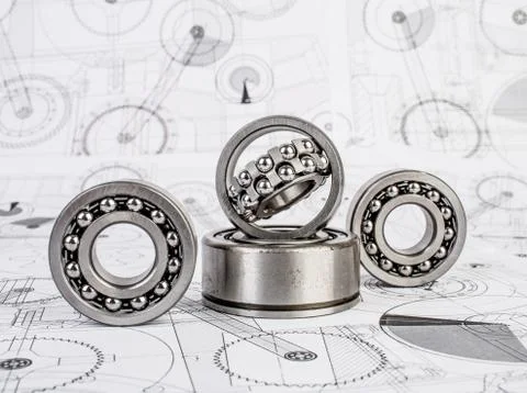 Ball bearings on technical drawing Foto stock