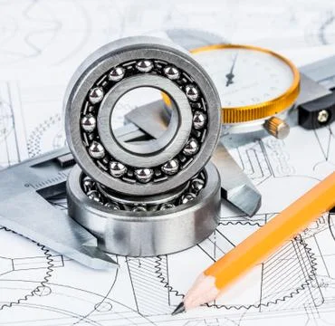 Ball bearings on technical drawing Foto stock