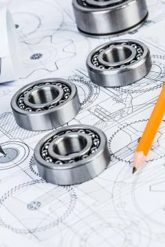 Ball bearings on technical drawing Foto stock