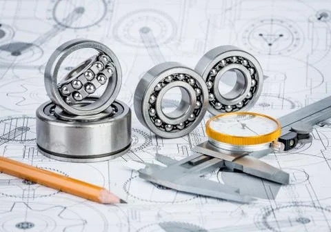Ball bearings on technical drawing Stock Photos