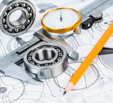Ball bearings on technical drawing Foto stock