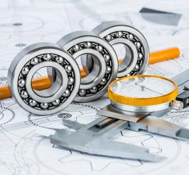 Ball bearings on technical drawing Foto stock
