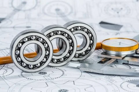 Ball bearings on technical drawing Foto stock