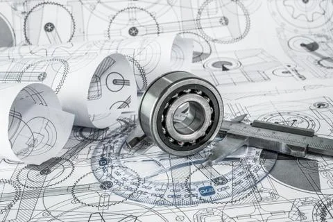 Ball bearings on technical drawing Foto stock