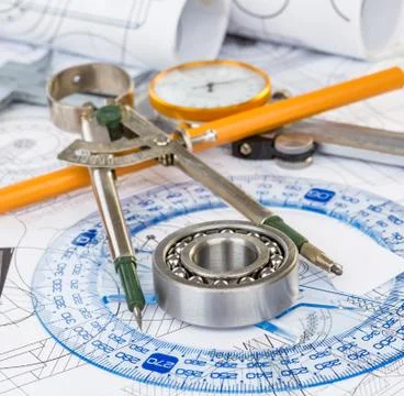 Ball bearings on technical drawing Foto stock