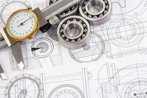 Ball bearings on technical drawing Foto stock
