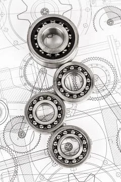 Ball bearings on technical drawing Foto stock