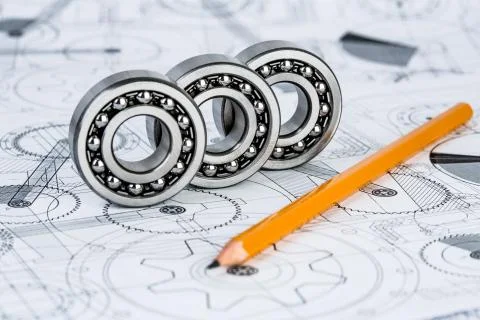 Ball bearings on technical drawing Foto stock