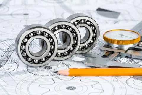 Ball bearings on technical drawing Foto stock
