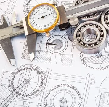 Ball bearings on technical drawing Foto stock