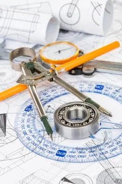 Ball bearings on technical drawing Foto stock
