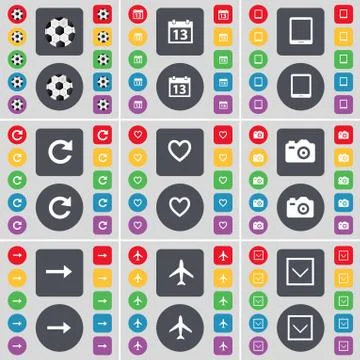 Ball, Calendar, Tablet PC, Reload, Heart, Camera, Arrow right, Airplane, Arrow d Stock Illustration