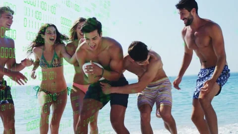 Ball carrier sprinting from surf, group chasing tackling piling in beach sport Stock Footage 333936574