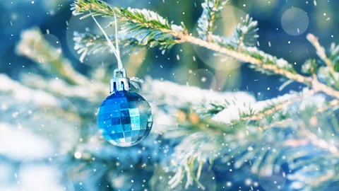 Ball on the Christmas tree in the snow Stock Footage 98434086