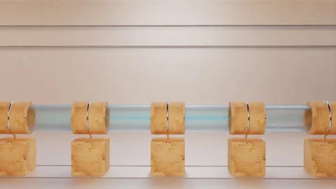 A ball of chrome rolls back and forth along a transparent pipe. Looping animated Stock Footage 253288778