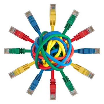 Ball of colored cables with network plugs Stock Photos
