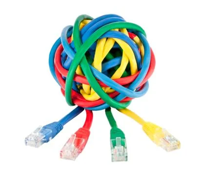 Ball of Colored Network Cables and Plugs Isolated on White 写真素材
